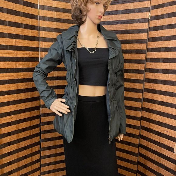 Green Silk Jacket Womens Sz XS to S with Ruffled Collar Cinched Waist - Picture 9 of 12